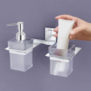 Plantex Liquid Soap Dispenser/Shampoo/Tumbler Holder/Toothbrush Holder for Bathroom Stainless Steel, Glass Toothbrush Holder