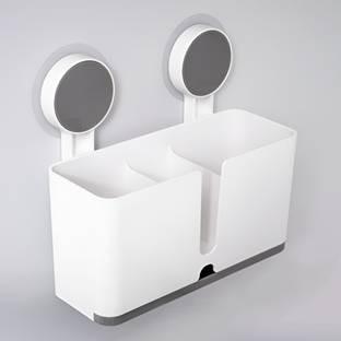 iBELL Wall Mounted Self Adhesive Bathroom Toothpaste Holder, Kitchen Sink Organizer, Plastic Toothbrush Holder