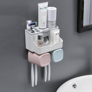 tyzag Toothbrush Holders for Bathroom, Toothpaste Dispenser with 4 Toothbrush Hook Plastic Toothbrush Holder