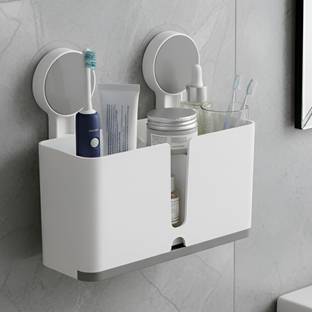 iBELL Wall Mounted Self Adhesive Bathroom Toothpaste Holder, Kitchen Sink Organizer, Plastic Toothbrush Holder