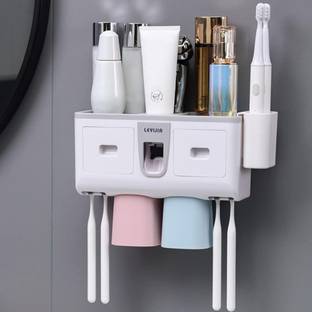 KMOTID Automatic Toothpaste Dispenser for Bathroom-Shelf Magnetic 2 Cups 4 Brush Slots Plastic Toothbrush Holder