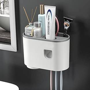 cloudtab Toothbrush Holder Automatic Toothpaste Dispenser with Magnetic Cup 4 Brush Slots Plastic Toothbrush Holder
