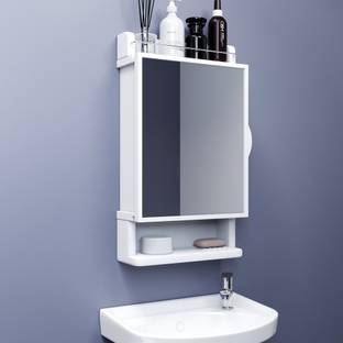 GLOXY Bathroom Wall Mirror Cabinet with Soap/Toothbrush Holder/Rack/Organizer/Storage Plastic Wall Mount Cabinet