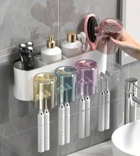 Rudrisha Wall Mounted Toothbrush Holder with 4 Transparent Dustproof Cups Plastic Toothbrush Holder