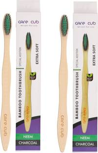 CARE CUB Combo Pack of 2 Bamboo Toothbrush with Neem and Charcoal Activated Soft Bristles Ultra Soft Toothbrush