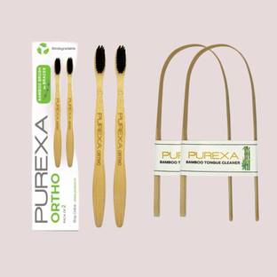 PUREXA Combo Orthodontic Bamboo Charcoal Toothbrush For Braces With Tongue Cleaner Extra Soft Toothbrush