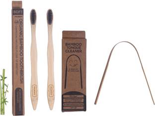 Parmy Bamboo Wood 2 Toothbrush Combo With 1Tongue Cleaner Soft Toothbrush