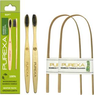 PUREXA Bamboo Charcoal Toothbrush With Bamboo Tongue Cleaner Extra Soft Toothbrush
