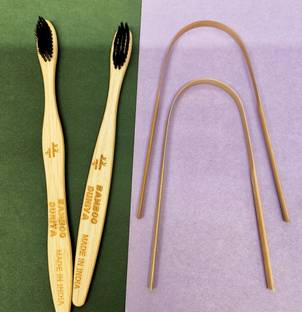 BAMBOO DUNIYA (Pack of 4) Bamboo Toothbrush with Charcoal Bristle Tongue Cleaner Set of 4 Ultra Soft Toothbrush