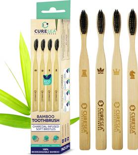 CURESEA LIFESCIENCES 100% Biodegradable Eco-Friendly Bamboo Toothbrush | Charcoal Infused Bristles, Extra Soft Toothbrush