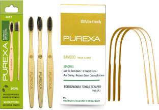 PUREXA Bamboo Charcoal Toothbrush With Bamboo Tongue Cleaner Extra Soft Toothbrush