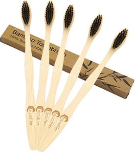 Trendller 5 Organic Bamboo Toothbrush with Charcoal Activated Soft Bristles Extra Soft Toothbrush