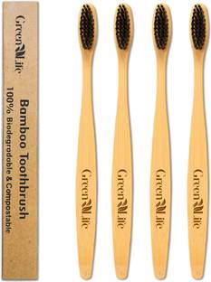 GreenLife Bamboo Charcoal Toothbrush Natural Wooden ECO Friendly Toothbrush with Soft Medium Bristles (Pack of 4) Medium Toothbrush