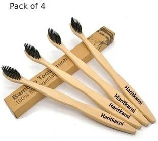 Haritkarni 4 piece Bamboo Toothbrush with Charcoal Activated Soft Bristles – Long Handel Extra Soft Toothbrush
