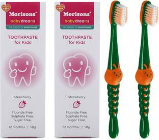 Morisons Baby Dreams Kids Toothpaste 50g (Pack of 2) & Caterpillar Kids Toothbrush (Pack of 2) Soft Toothbrush