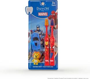 Duvon Plus Marvel Toothbrush Set Iron Man and Spiderman | 2 Brushes+2 Erasers Extra Soft Toothbrush