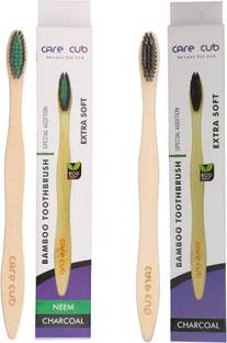 CARE CUB Neem Charcoal & Black Bamboo Toothbrush with Charcoal Activated Soft Bristles Extra Soft Toothbrush