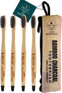 LIFE PROTECTION Organic Bamboo Toothbrush For adults with Charcoal Bristle Soft Toothbrush