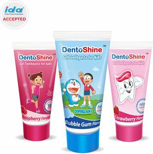 Dentoshine Gel Toothpaste for Kids - Pack of 3 Flavors (Strawberry, Bubble Gum & Raspberry, 80 g each) Toothpaste