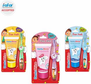 Dentoshine Fun Pack for Kids - (Strawberry, Mango & Bubble Gum + 3 Toothbrush) Toothpaste