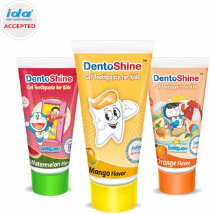 Dentoshine Gel Toothpaste for Kids - Pack of 3 Flavors (Orange, Mango, Watermelon, 80 g each) Toothpaste