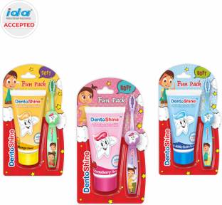 Dentoshine Fun Pack for Kids - (Strawberry, Mango & Bubble Gum + 3 Toothbrush) Toothpaste