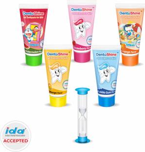Dentoshine Gel Toothpaste for Kids - 5 Flavors with 2 min Manual Timer, Pack of 5 Toothpaste