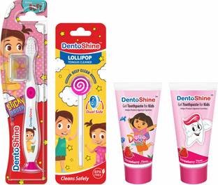 Dentoshine (STiCKY Toothbrush, Lollipop Tongue Cleaner, 80 g Toothpaste x 2 (Strawberry)) Toothpaste