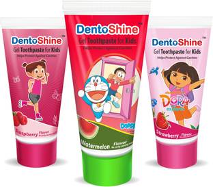 Dentoshine Gel Toothpaste for Kids - Pack of 3 Flavors (Strawberry, Watermelon & Raspberry, 80 g each) Toothpaste