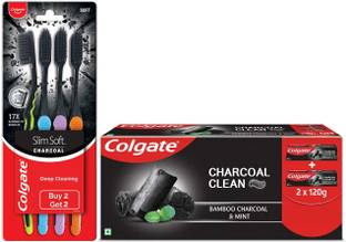 Colgate Charcoal Clean BlackGelToothpaste (240gm) & Slimsoft Charcoal Toothbrush (4pc) Toothpaste
