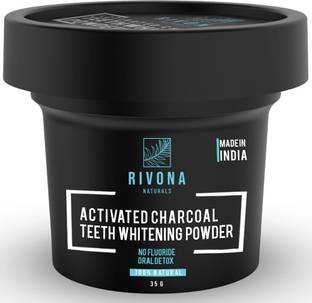 RIVONA NATURALS Activated Charcoal Teeth Whitening Powder - For Enamel Safe Teeth Whitening, Stain Remover, Freshens Breath - With Activated Charcoal, Turmeric & Clove Powder - 35g (Fluoride Free)