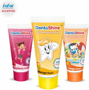 Dentoshine Gel Toothpaste for Kids - Pack of 3 Flavors (Orange, Raspberry & Mango) Toothpaste