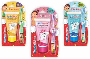 Dentoshine Fun Pack for Kids - (Strawberry, Mango & Bubble Gum + 3 Toothbrush) Toothpaste