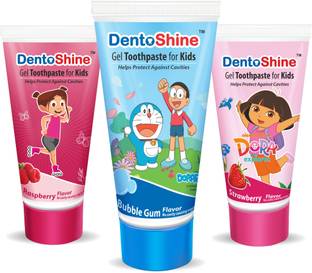 Dentoshine Gel Toothpaste for Kids - Pack of 3 Flavors (Strawberry, Bubble Gum & Raspberry, 80 g each) Toothpaste