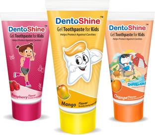 Dentoshine Gel Toothpaste for Kids - Pack of 3 Flavors (Orange, Raspberry & Mango) Toothpaste
