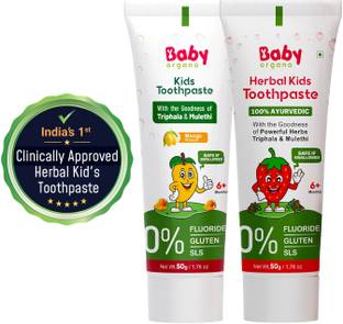 BabyOrgano Kids Toothpaste Combo (6+M) Strawberry & Mango, Fluoride-Free, 50gm Each Toothpaste