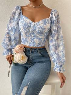SYYNCRO Casual Floral Print Women Blue Top