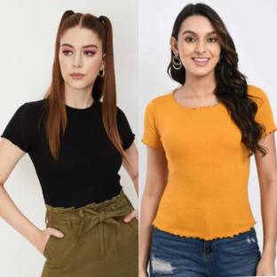 Casual Self Design Women Black, Yellow Top