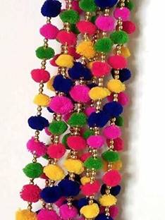 MAGPIE Beads Pom Pom & Golden Hanging Bells Strings/Garlands/torans/Wall hangings for Decoration Approx 4 ft Toran Golden beads Pack of 5 and Toran