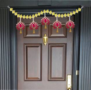 Priscilla Wall Door Hanging 2.5 Feet 5 MDF lotus Golden Bell With Yellow Foam Rose Flower Toran