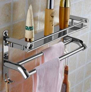 Frap Stainless Steel Double Layer Shelf with Towel Road,Multipurpose Wall Mount Bath Shelf Organizer,Kitchen Shelf/Bathroom Shelf and Rack/Bathroom Accessories Steel Towel Holder
