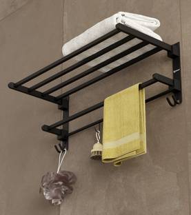 GRIVAN Premium Foldable Towel Rack | Holder | Stand | Shelf With Hooks And Hanger Black Matte Towel Holder