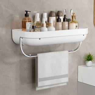 KREPS Bathroom Self Adhesive Shelf For Cosmetic Organizer White Towel Holder