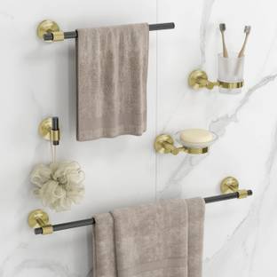 Plantex Bathroom Set/Soap Dish/Tumbler Holder/Towel Rod/Napkin Holder/Robe Hook-Set of 5 Black, Gold Towel Holder