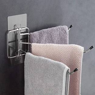OnisHomes Multipurpose Self Adhesive Sticker Stainless Steel 3 Arm Towel Napkin Holder with 180 Degree Rotation Movable Hanger Steel Towel Holder