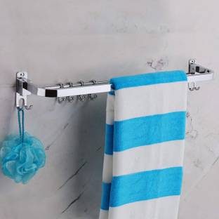iSTAR Anti Rust 304 Grade Stainless Steel Folding Towel Rod with Hooks/Towel Rack for Bathroom/Towel Bar/Hanger/Bathroom Accessories (24 Inch - Chrome Finish) Silver Towel Holder