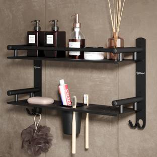 ग्रीवन 2 Tier Bathroom Shelf with Double Soap Dish and Tumbler Black Matt Finish ब्लैक मैट टॉवल होल्डर