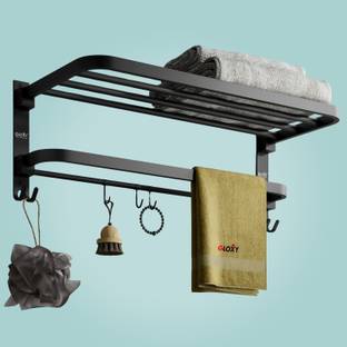 GLOXY Matte Black Heavy-Duty Towel Stand | Foldable Towel Rack with Hooks Bathroom Mirror
