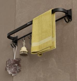 GRIVAN Elegant Foldable Towel Rod | Holder | Hanger | Shelf With Hooks And Hanger Black Matte Towel Holder