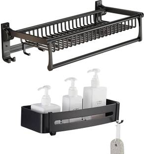 Plantex Bathroom Accessories Set/Bathroom Rack with Shelf/Towel Hanger Organizer Black Towel Holder